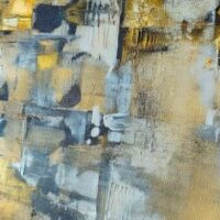 Abstract textured artwork with gold, grey, and black tones created using acrylics and palette knives on canvas.